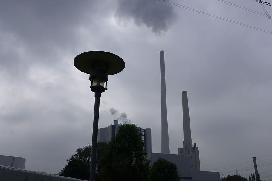 planta de energía, carbono, emisión, estado de ánimo, sombrío, amenazante, gris, respiraderos, cielo, nube - cielo