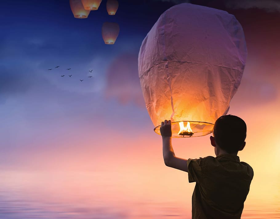 person, holding, floating, lantern, sunset, balloon, light, sky, boy, dusk