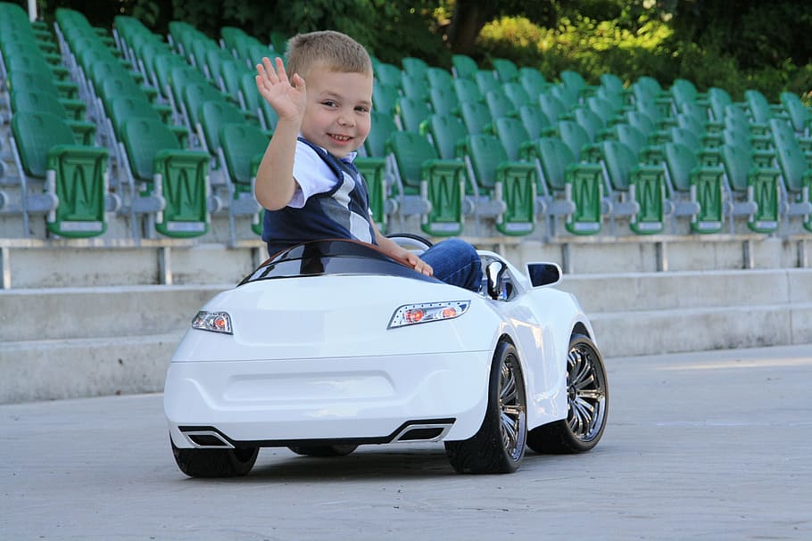 child, riding, car toy, waving, auto, children's car, boy, toy, cars, small driver