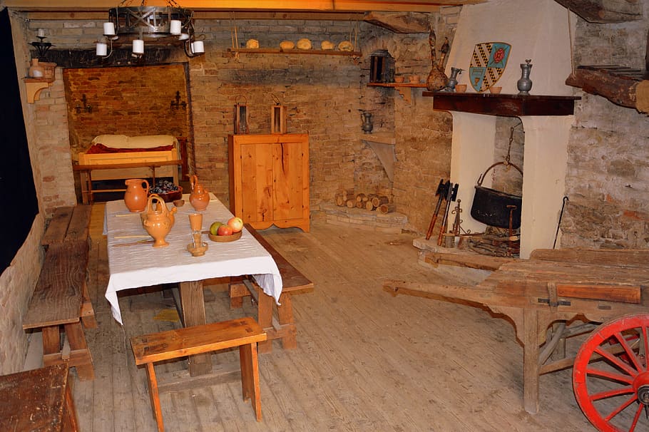 dapur, abad pertengahan, meja, perapian, set, kayu - bahan, kursi, di dalam ruangan, penyegaran, makanan dan minuman