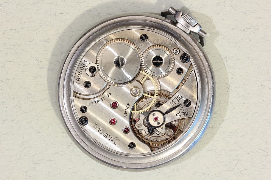 omega, pocket, watch, vintage, timekeeping, mechanical, handwinding, metal, clock, movement