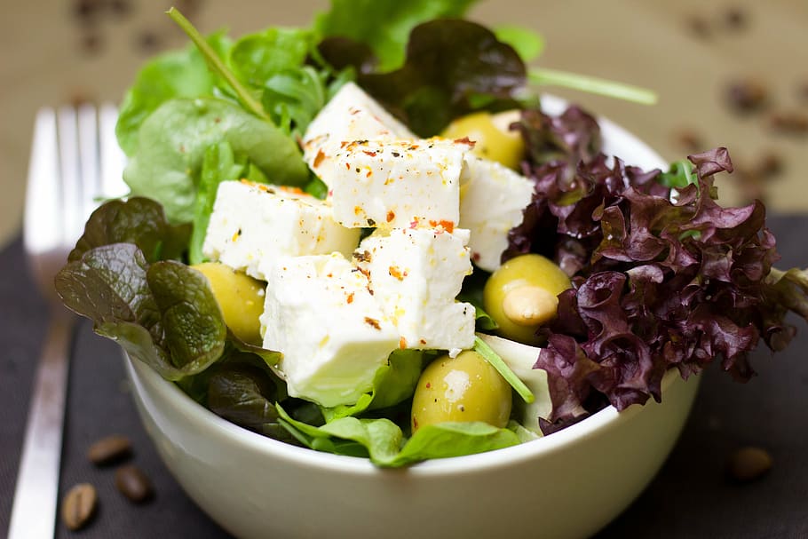 vegetable salad, tofu, salad, leaf lettuce, olives, cheese, sheep cheese, eat, vitamins, frisch
