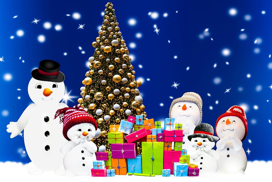 背景, クリスマス, クリスマスの時期, ギフト, 家族, 雪だるま, 子供, 喜び, 驚き, クリスマスツリー