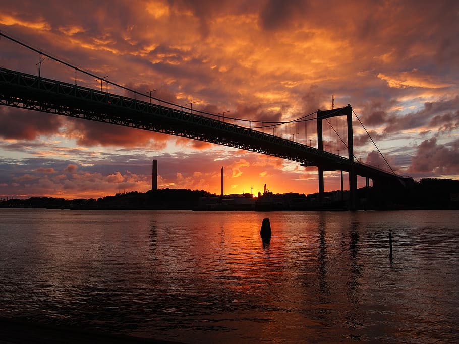 Gotemburgo, älvsborgsbron, puesta de sol, agua, himmel, bellamente, nube - cielo, cielo, color naranja, puente