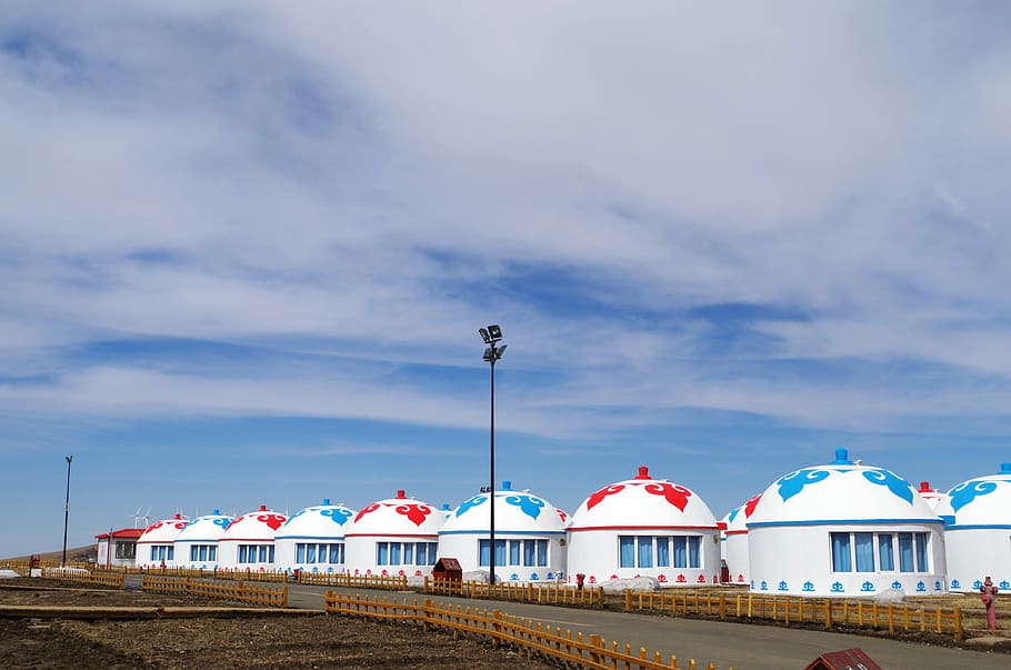 Yurts, Inner Mongolia, mongolia, blue sky, white cloud, red and blue, cloud - sky, sky, built structure, building exterior