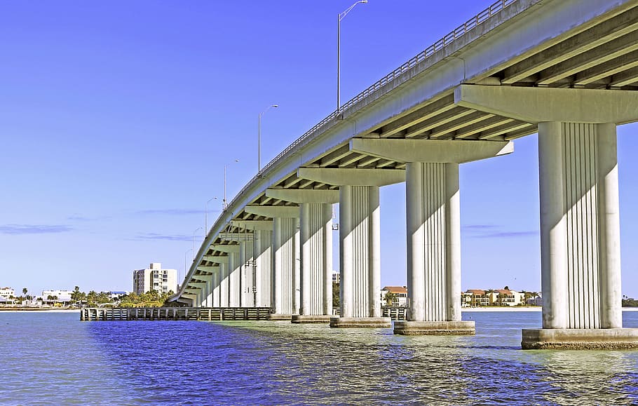 white, concrete, bridge, daytime, sand key bridge, city of clearwater, gulf of mexico, sky, sunny, architecture