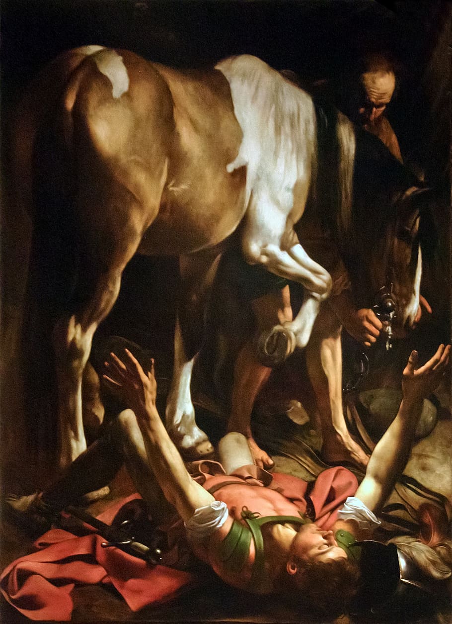 pintura, caravaggio, conversión de san pablo, camino a damasco, iglesia, roma, santa maria del popolo, grupo de personas, en interiores, arte