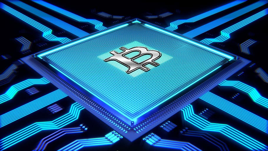 abu-abu, biru, logo b, bitcoin, penambangan, prosesor, cryptocurrency, crypto, uang, mata uang