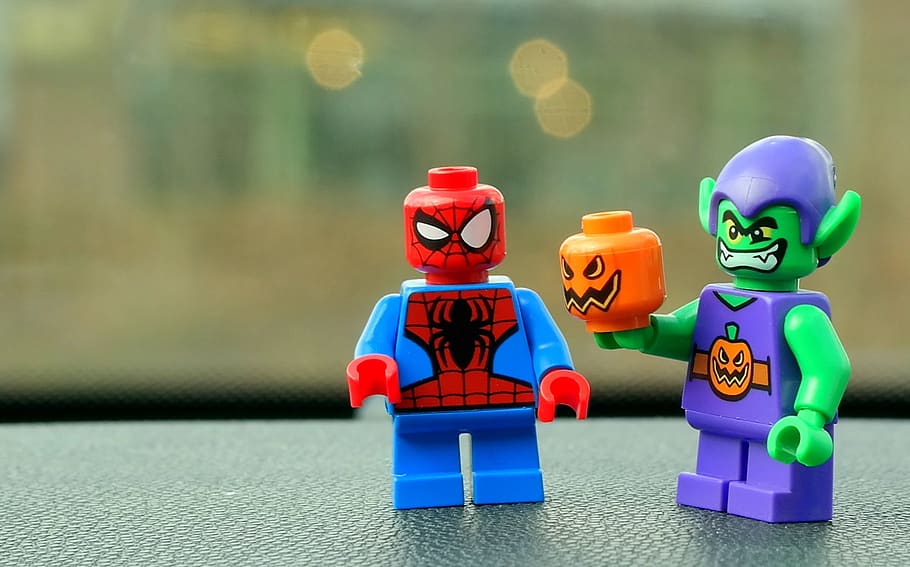 lego, figures, figure, toys, legomaennchen, close up, spiderman, green goblin, pumpkin, toy