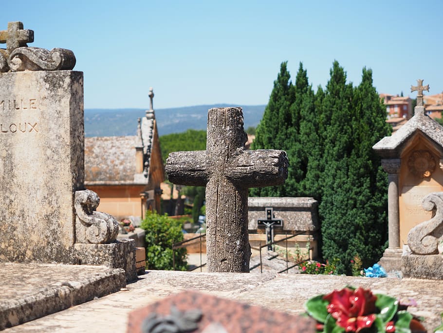 cross, stone cross, cemetery, graves, gravestone, old cemetery, roussillon, tomb, mourning, grave stones
