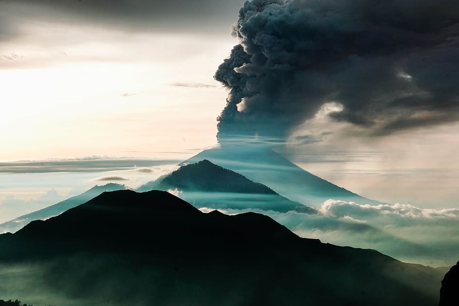 silhouette photo, volcano, cloudy, sky, bali, indonesia, mountain, eruption, travel, nature