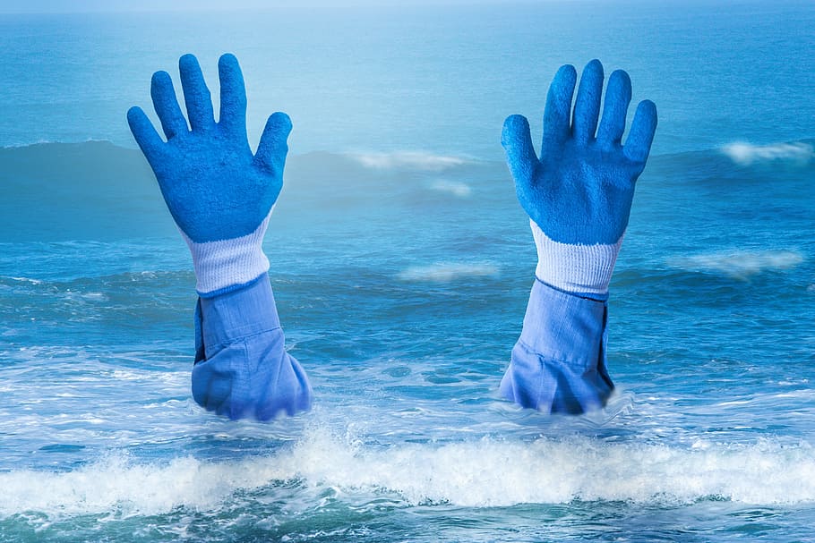 pair, blue, gloves, water, hands, drowning, sea, cold, wet, rescue