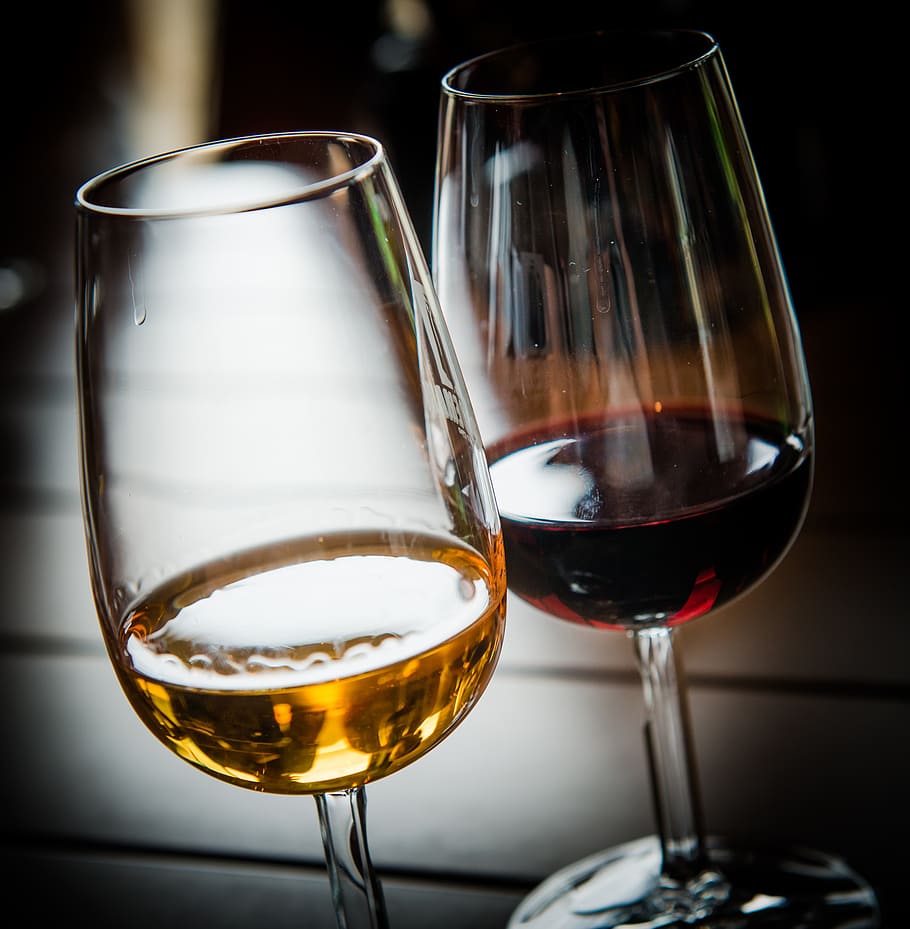 two, clear, wine glasses, wine, glass, port wine, red wine, white wine, wine tasting, drink