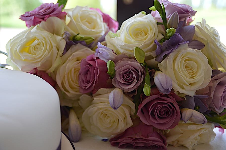 white, purple, rose, bouquet, top, table, wedding flowers, aldridge, reception, day