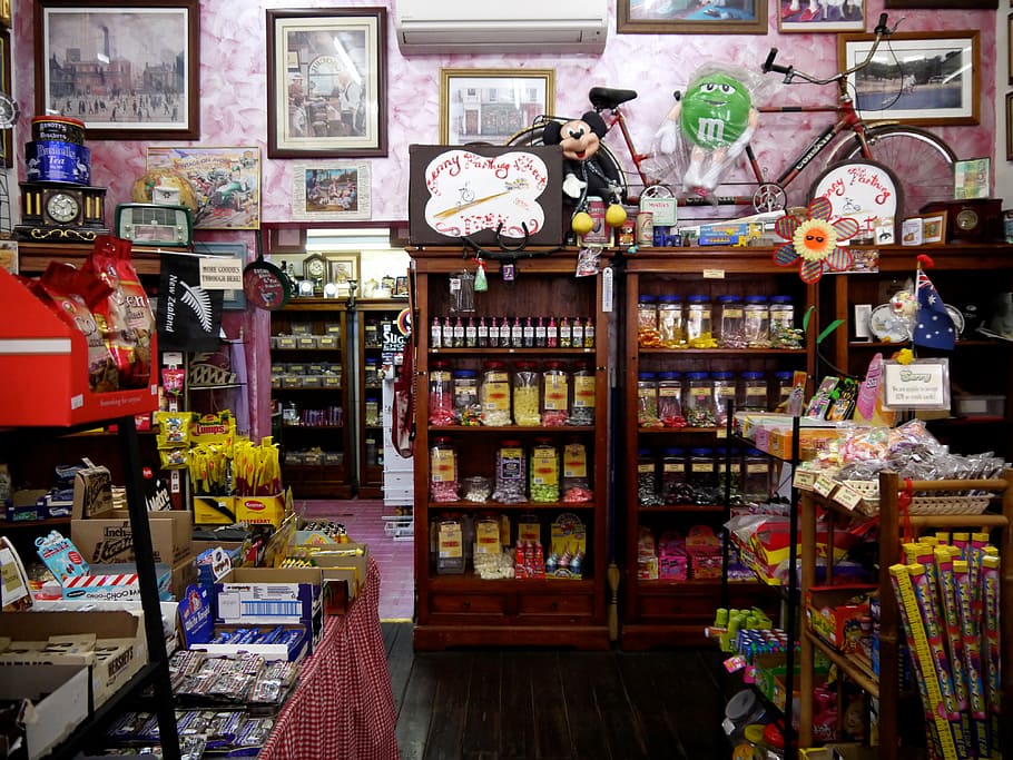 loja de doces, loja, mercadorias, produtos, venda, escolha, variação, varejo, grande grupo de objetos, coleção