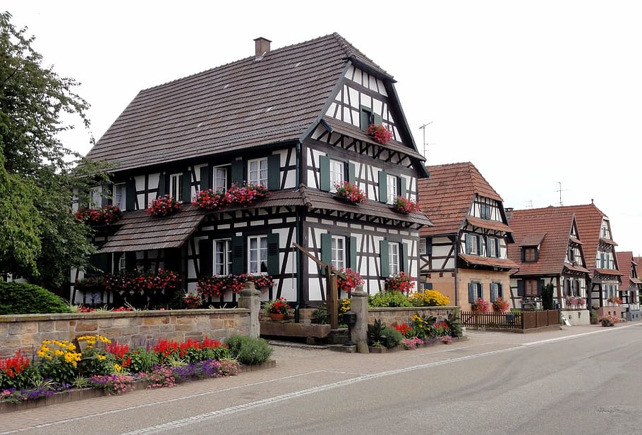 betschdorf, alsace, farmhouses, timber framing, road, street, france, historic, architecture, building Exterior