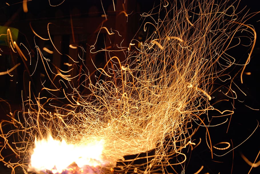fire, sparks, night, censer, the darkness, orange, glowing, motion, illuminated, long exposure