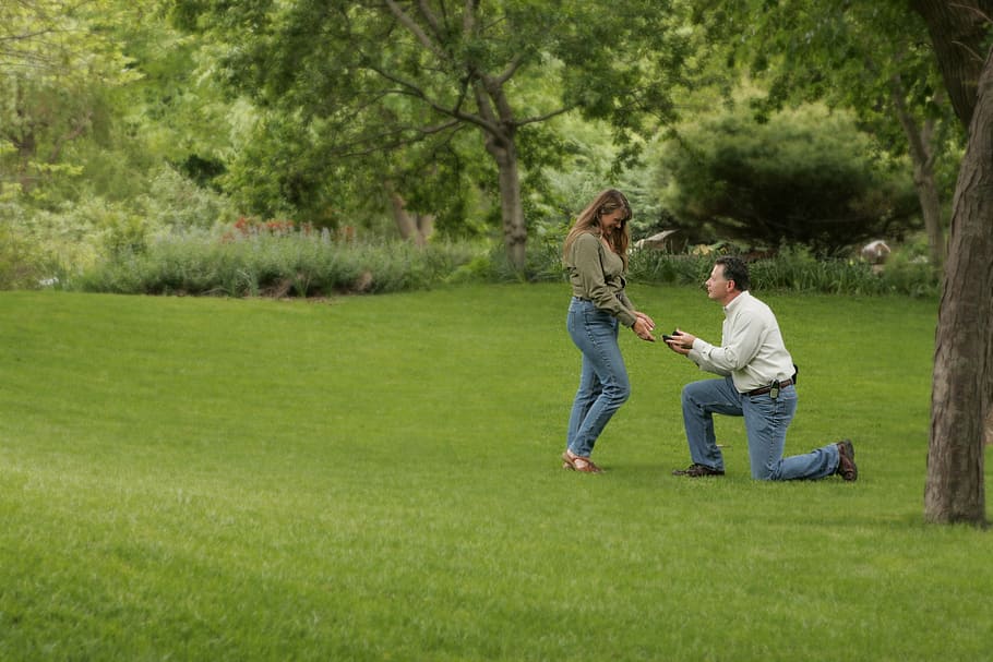 man, kneeling, front, woman, green, grass field, engagement, wedding, proposal, grass