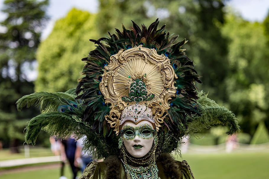 parade, Cheverny, Venetian, mask, day, focus on foreground, art and craft, close-up, sculpture, plant