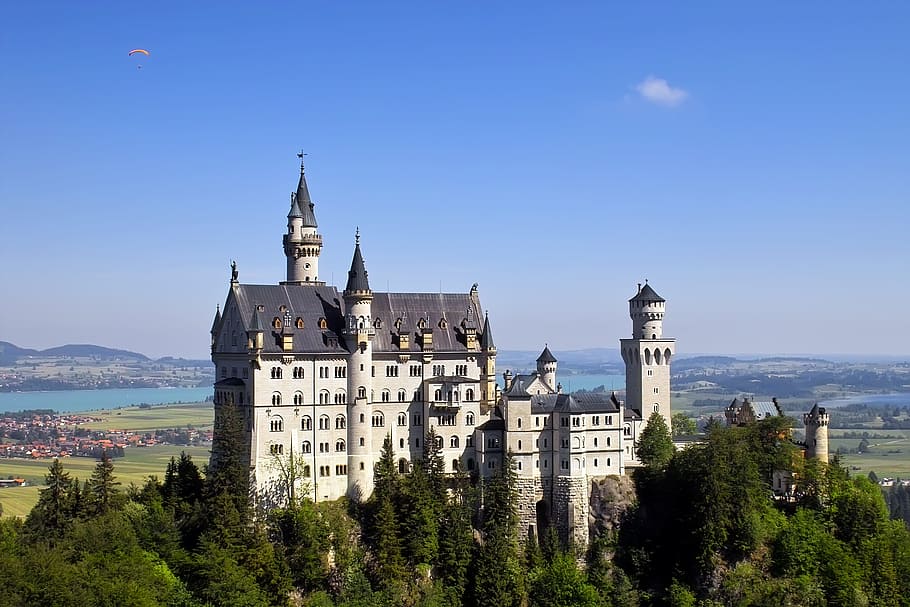 castle, neuschwanstein castle, king ludwig, building exterior, architecture, building, tree, built structure, sky, tower