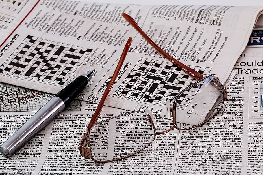 silver-colored, framed, eyeglasses, ballpoint pen, newspaper, news, media, spectacles, glasses, paper