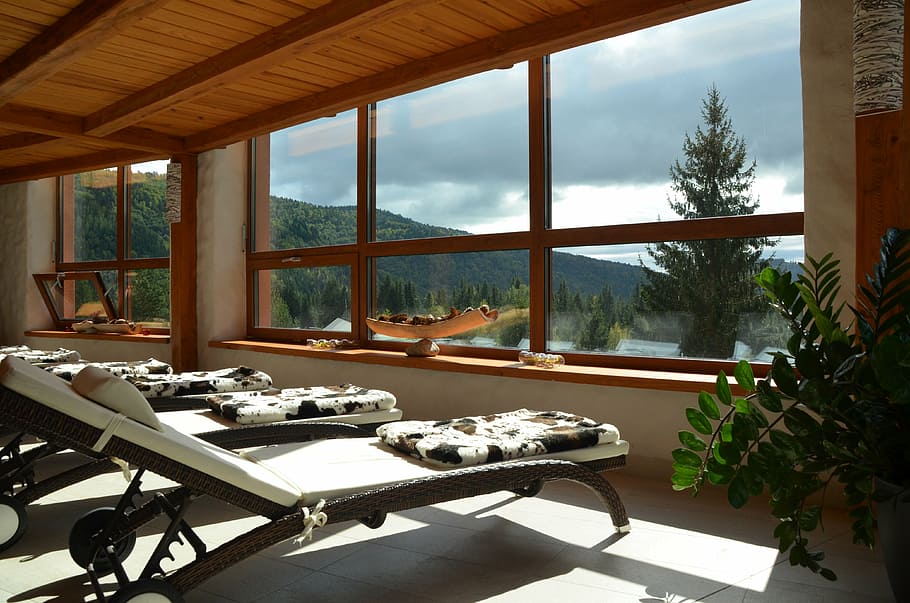 white lounge chair, spa, relax, window view, interior design, deck chair, holiday, idyllic, leisure, window
