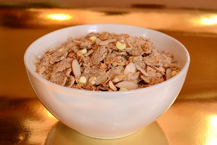 cereal de flocos de milho, branco, cerâmico, tigela, cereal, prato, café da manhã, comida, amanhã, nutrição