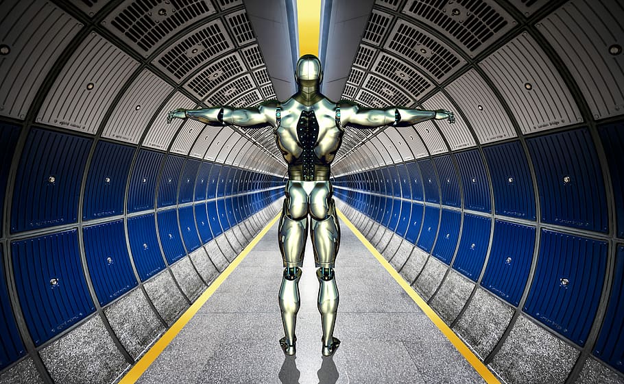 person, standing, digital, wallpaper, Robot, Cyborg, Forward, Machine, Tunnel, fantasy