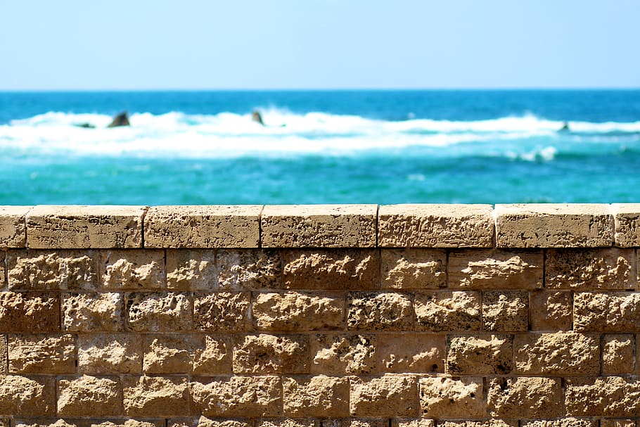 selektif, fokus foto, dinding bata, Jaffa, Israel, Laut, Pagar, Tumpukan, pantai, biru