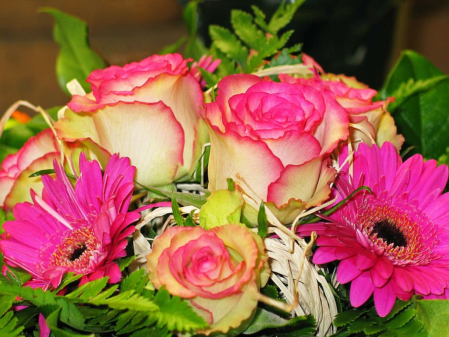 pink-and-white flowers, bouquet, flowers, bouquet of flowers, roses, pink, vase, bouquets, bouquet of roses, romance