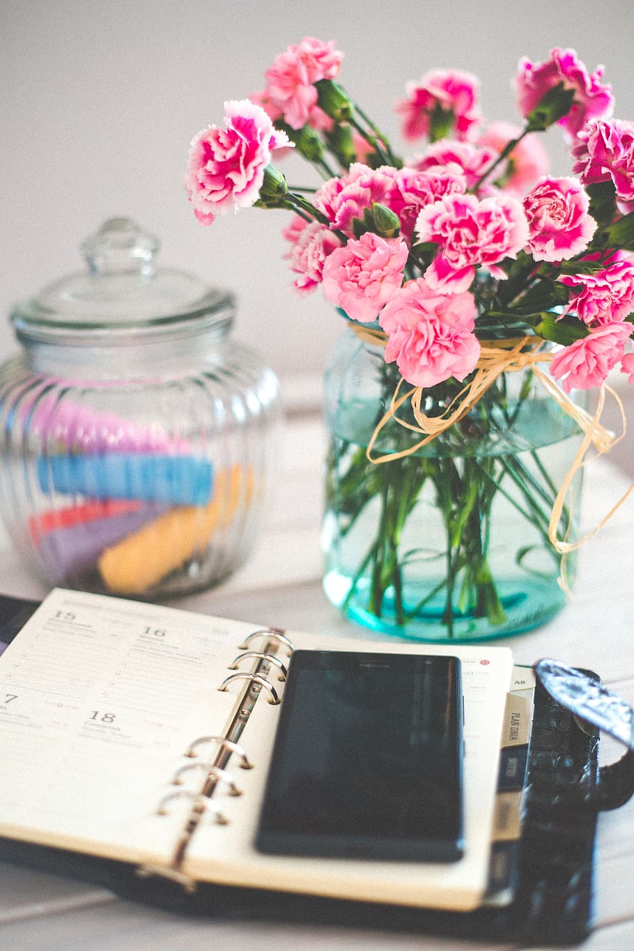 pink, carnation flowers, vase, smartphone, mobile, notepad, agenda, calendar, flowers, glass