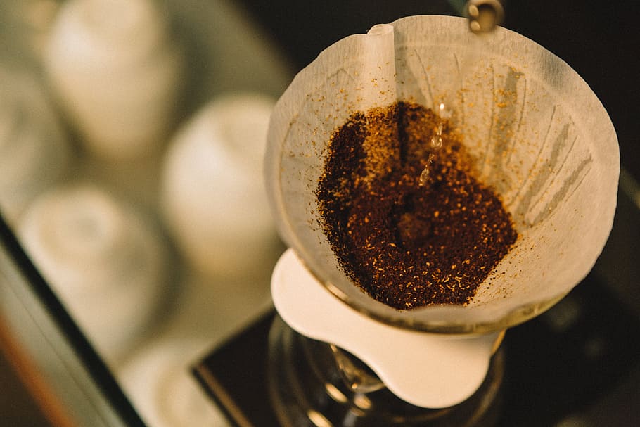 close-up photography, brown, coffee powder, beige, strainer, coffee, grinds, filter, cafe, food and drink