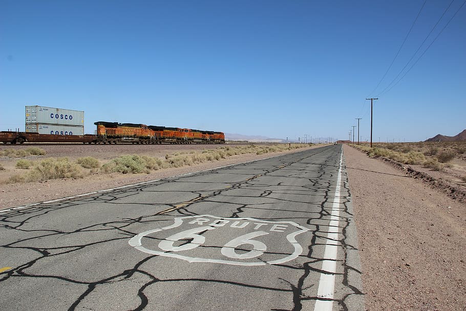 intermodal, containers, asphalt road side, route66, train, america, usa, asphalt, cracks, sky