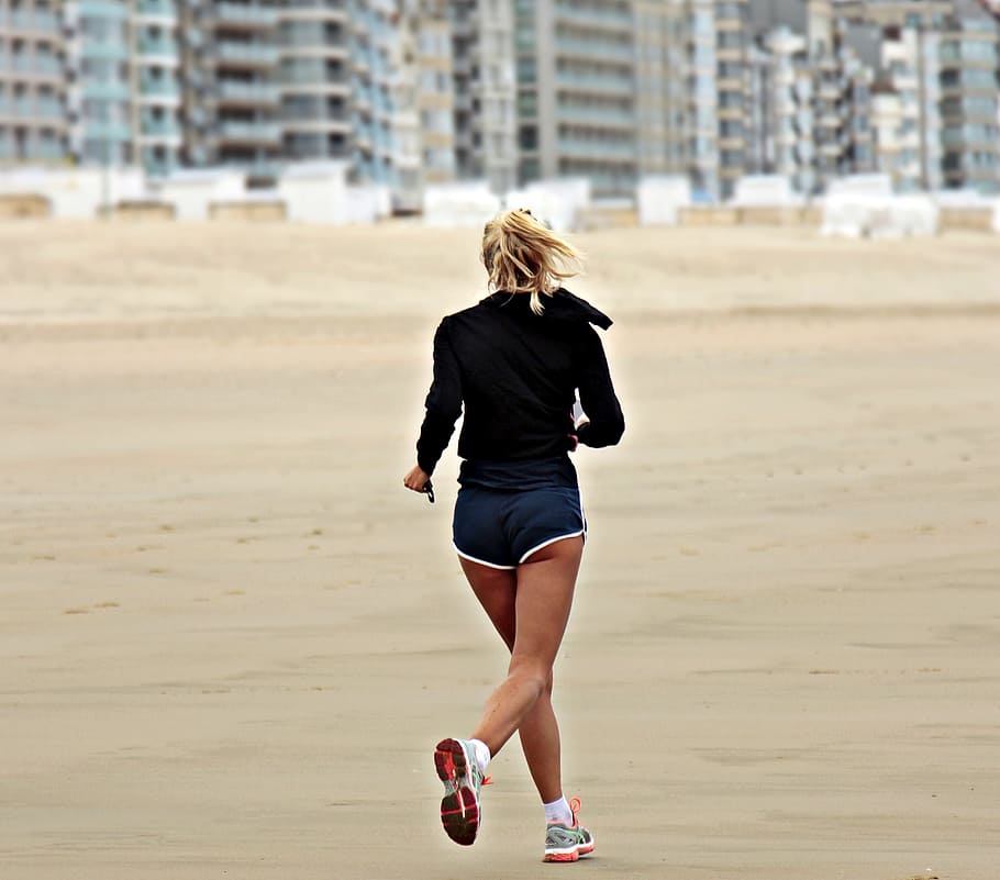 woman, wearing, black, long-sleeved, top, blue, boy shorts, early, jog, jogger