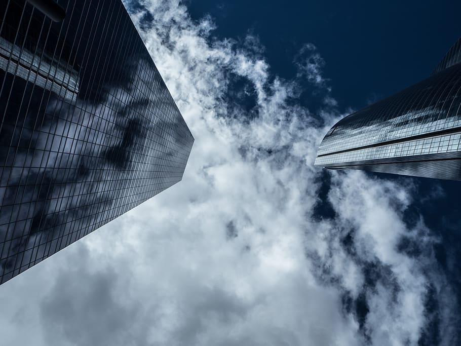 low, angle photograph, building, clouds, torres, madrid, sky, buildings, glass, madrid skyscrapers