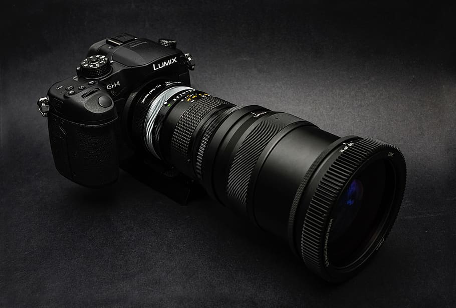 黒, lumixデジタル一眼レフカメラ, 表面, カメラ, lumix, レンズ, マニュアル, シャッター, 絞り, iso