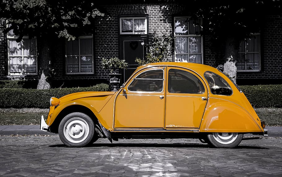 marrón, volkswagen beetle coupe, selectivo, fotografía en color, coche, naranja, escala de grises, vehículo, transporte, automóvil