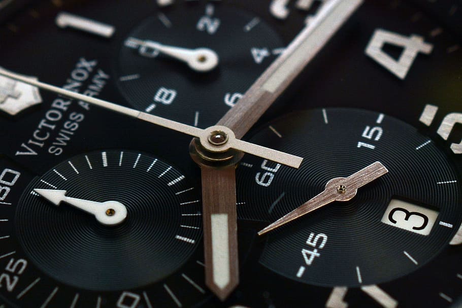 black, victorinox analog chronograph, watch, clock, time, chronograph, masculine, pointer, time indicating, dial