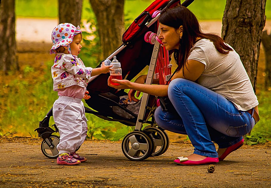 woman, sitting, front, child, stroller, mom, daughter, baby, pram, park