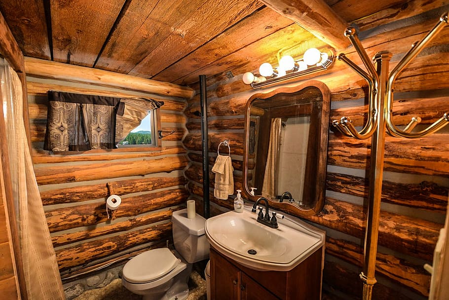brown bathroom interior, log home, log, home, bathroom, rustic, country, pioneer, farm, wood