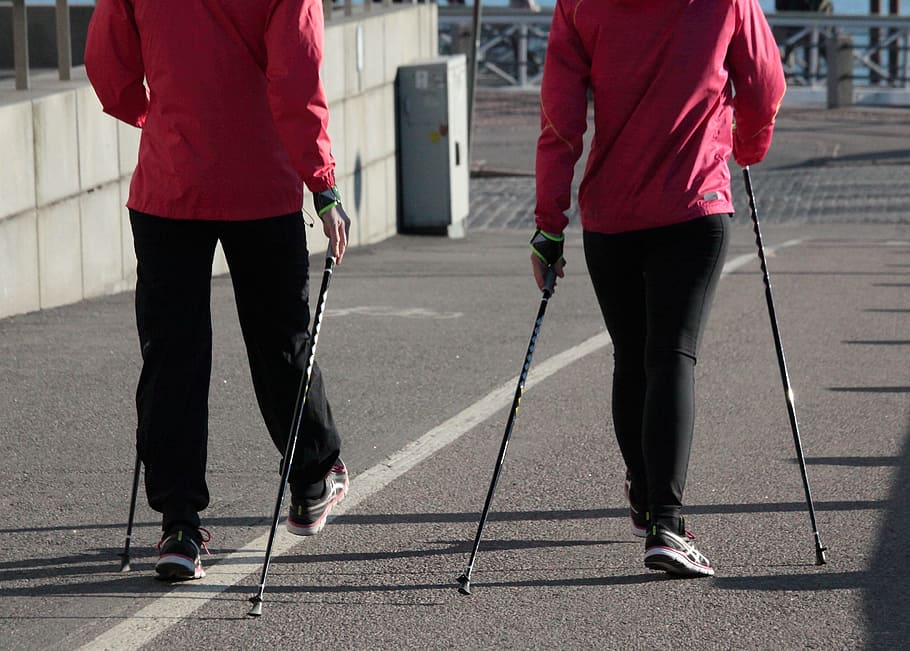 two, person, standing, holding, metal sticks, road, nordic walking, summer, fitness, sports clothing