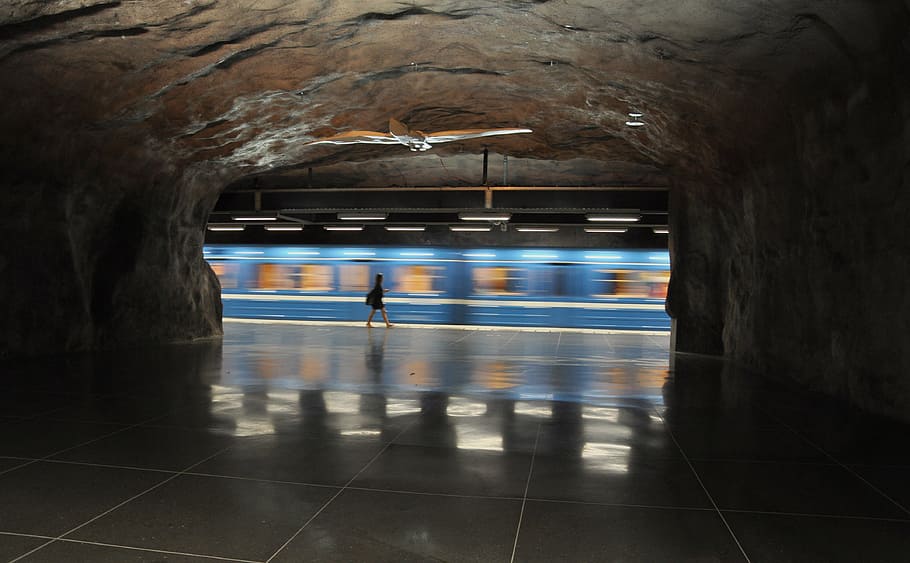 panning, photography, woman, walking, train, blue, subway, station, transportation, underground