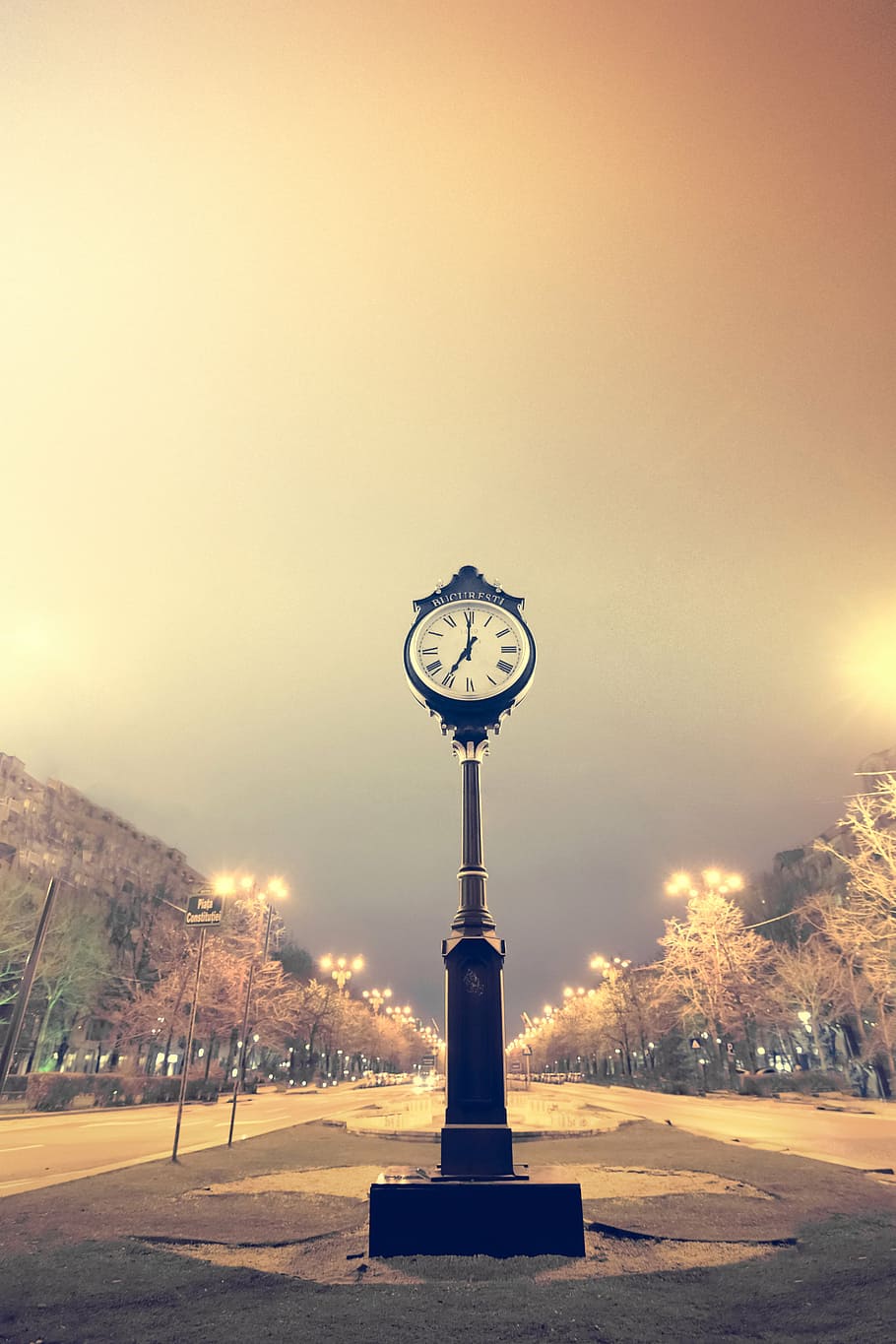 pedestal clock, road, nighttime, clock, time, bucharest, time clock, minute, hour, white