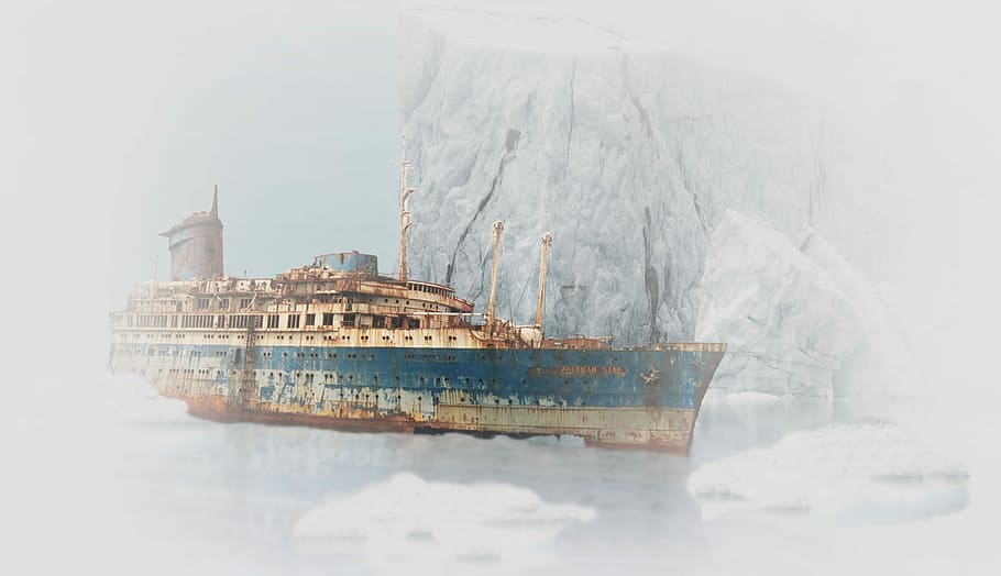 blanco, azul, crucero, al lado, iceberg, barco, naufragio, viejo, inoxidable, varado