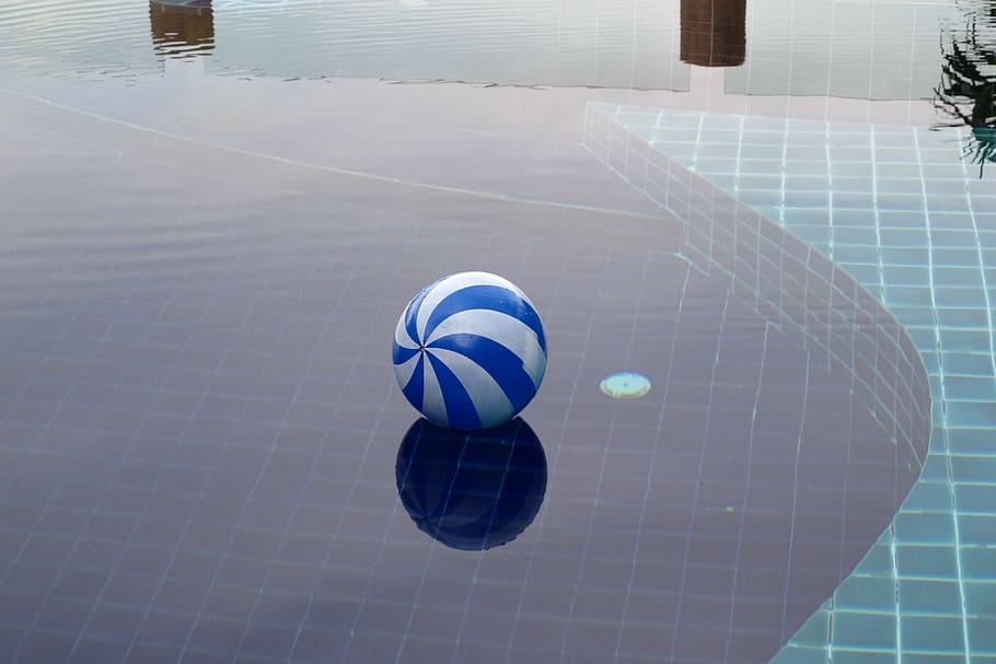 rubber ball, for playing, in the pool, blue, tile, ball, nature, sphere, pool, high angle view