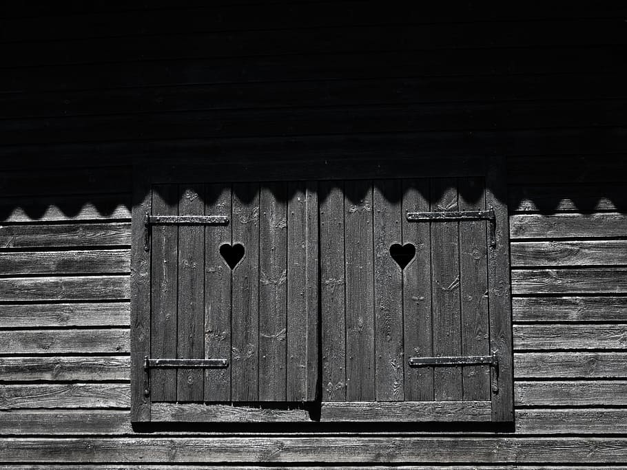Ventana, madera, Alm, cabaña alpina, rústico, corazón, negro, oscuro, persiana, ventana cerrada