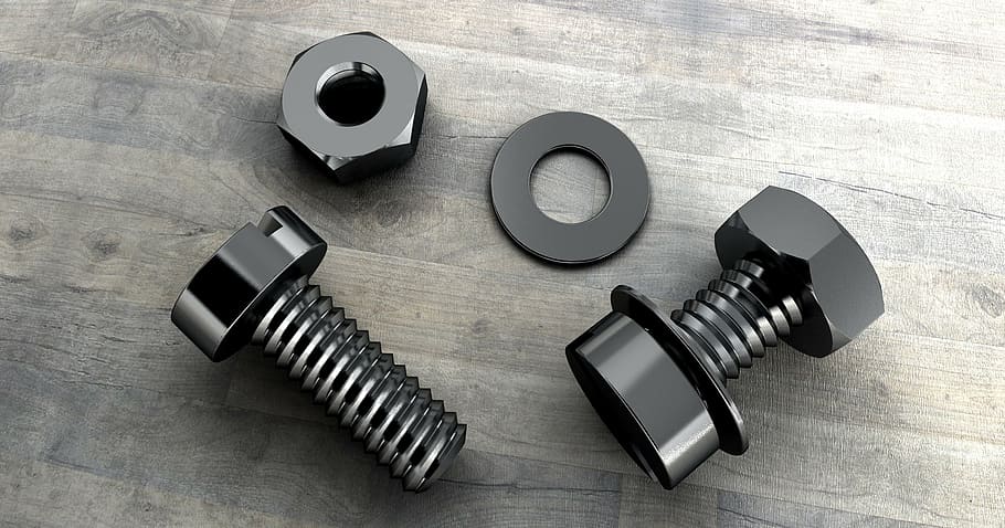 two, black, metal nut, bolts, washer, screw, thread, technology, mother, metal