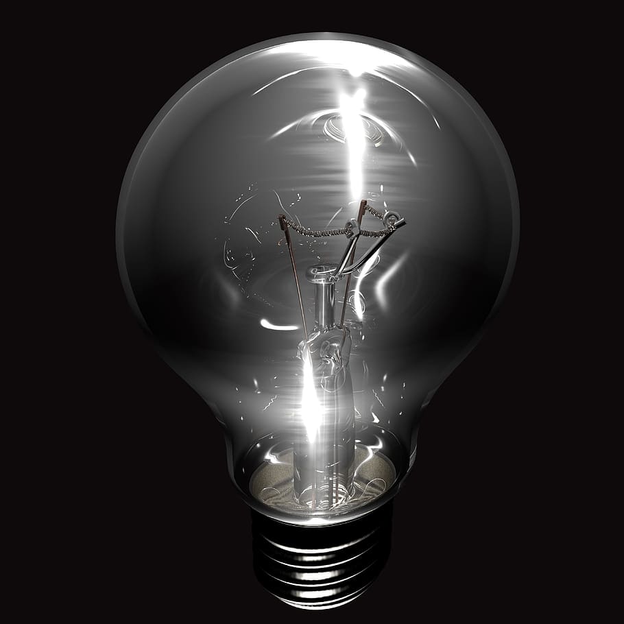 エジソン電球グレースケール写真, 電球, 光, エネルギー, 梨, ランプ, 壊れやすい, 糸, グローワイヤー, 明るさ