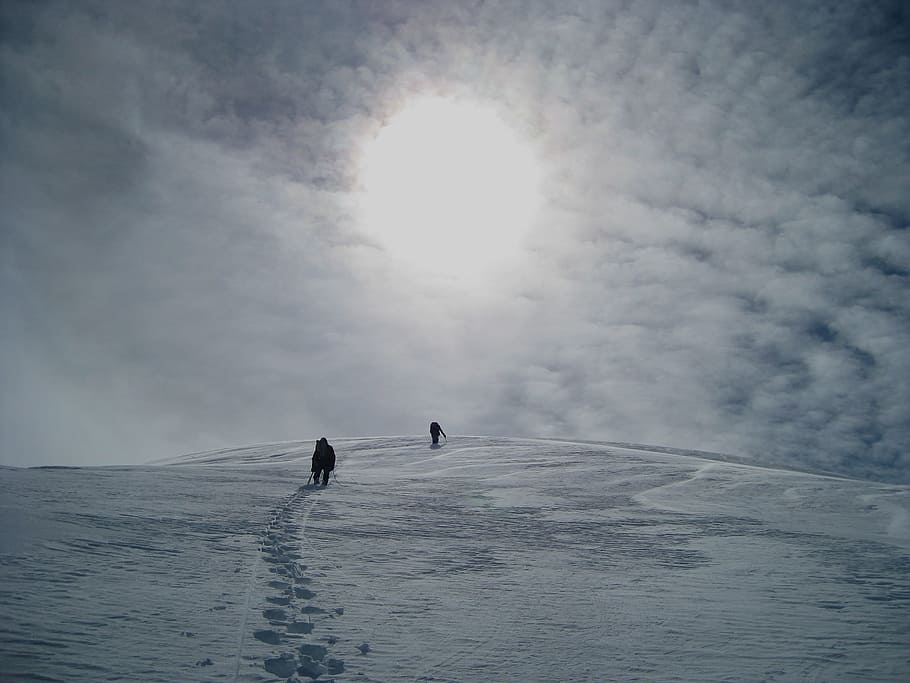 two, person, walking, white, clouds, walking on, snowy mountain, denali national park, alaska, winter