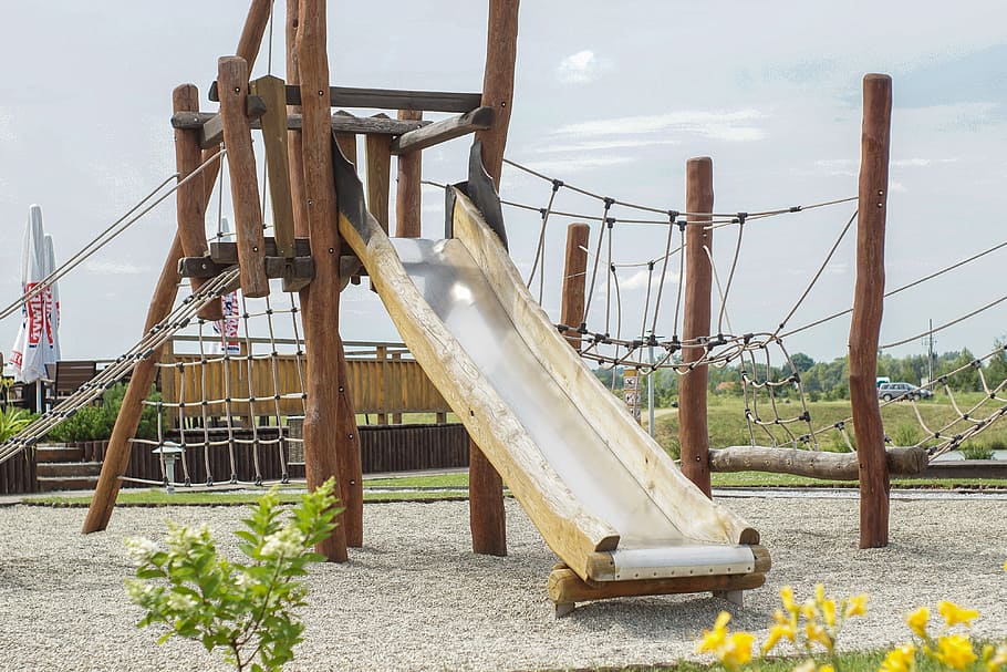 playground, wooden, for children, slide, obstacle course, summer, fun, nature, day, sky